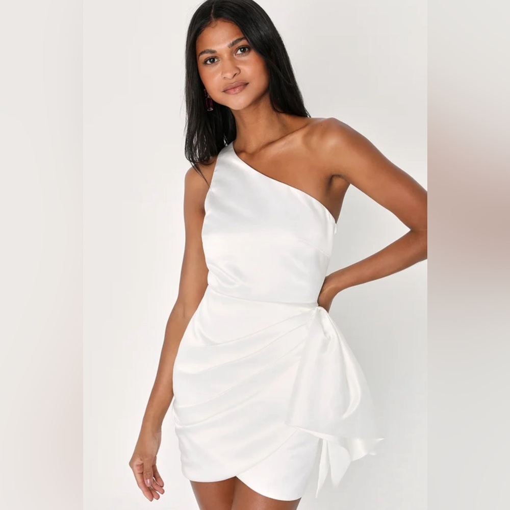 All About Her White Satin One-Shoulder Bow Mini Dress